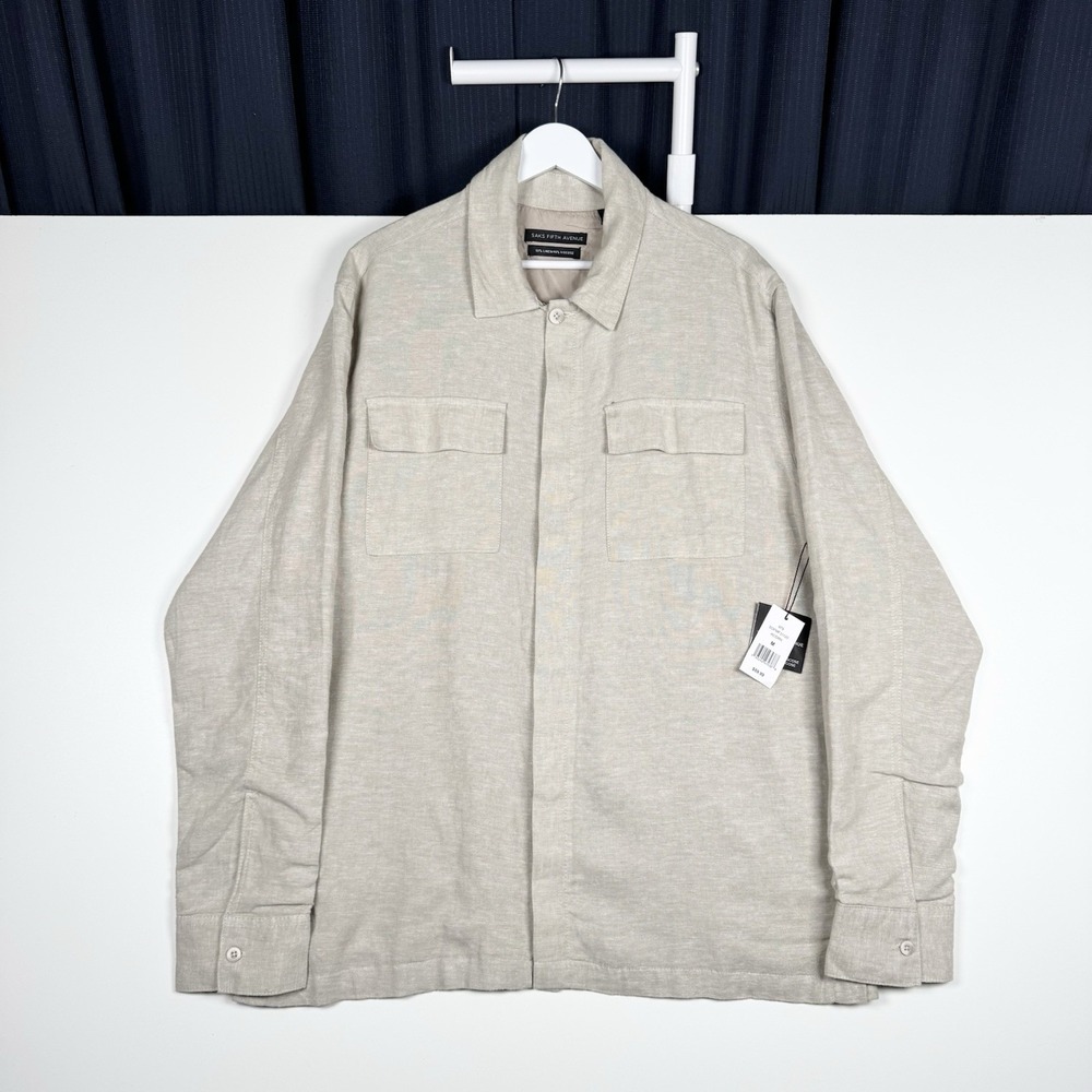 NEW - SAKS FIFTH AVENUE Linen Jacket Button UP Acorn Beige Tan Men's Medium